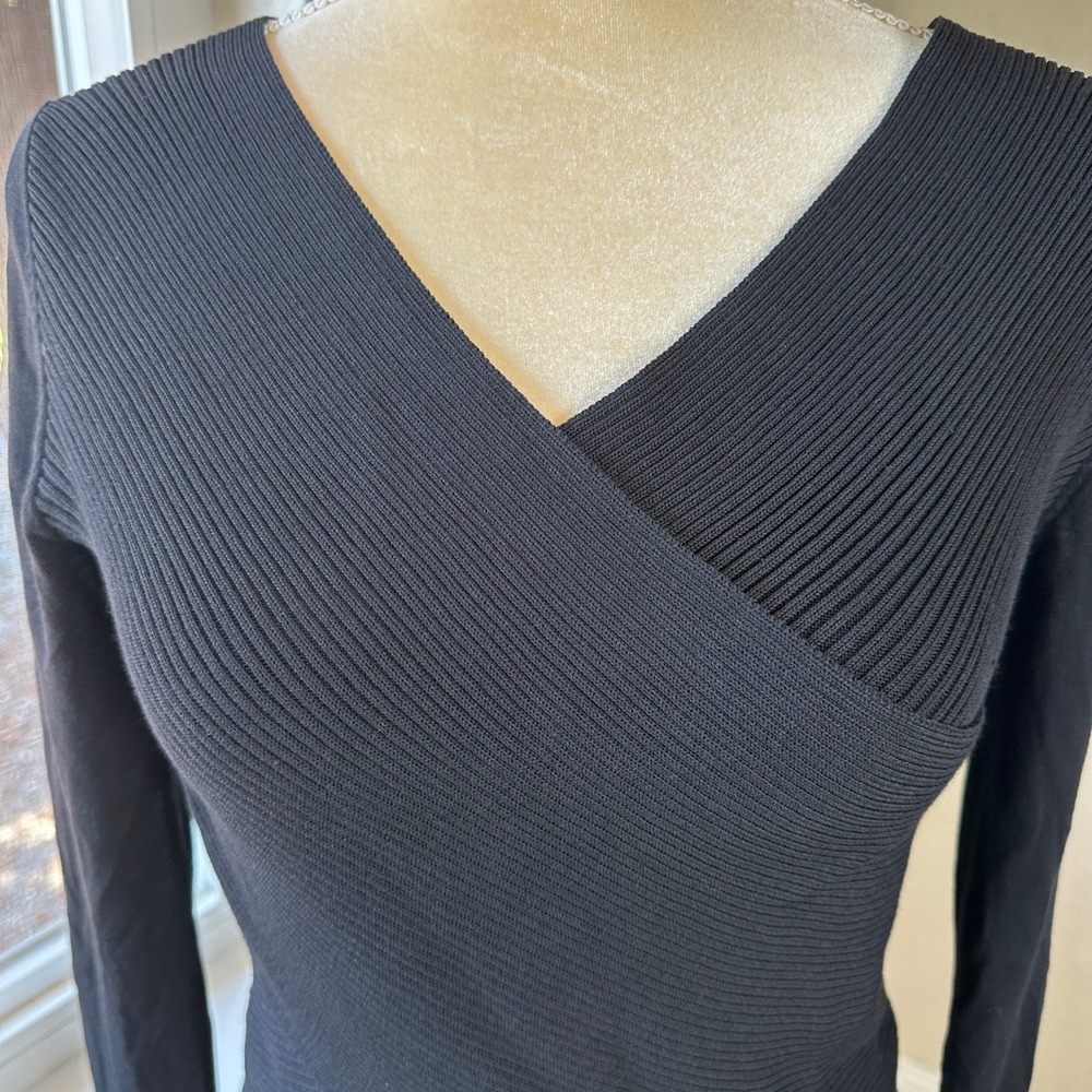 Barbara Bui Ribbed Knit Sheer Wrap Top Women S Black Long Sleeve V-Neck Designer - Picture 7 of 9